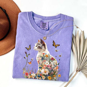 Floral Cat Wildflowers Whimsical T-Shirt