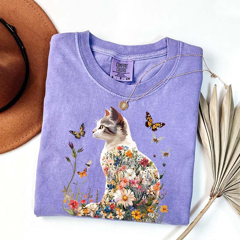Floral Cat Wildflowers Whimsical T-Shirt