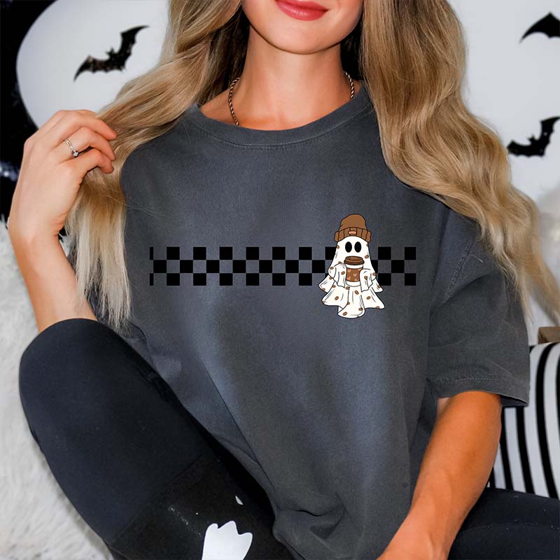 Comfort Colors Cute Ghost Coffee Checkered T-Shirt