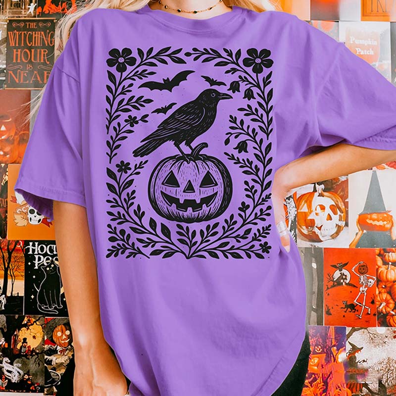 Halloween Crow Pumpkin Floral T-Shirt