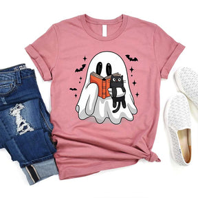 Bookish Ghost Cute Spooky Reading Cat T-Shirt