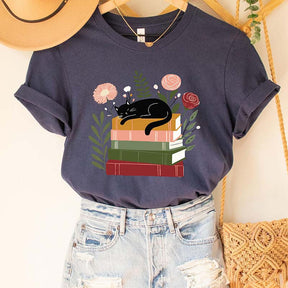 Flower Bookish Cat Reader T-Shirt