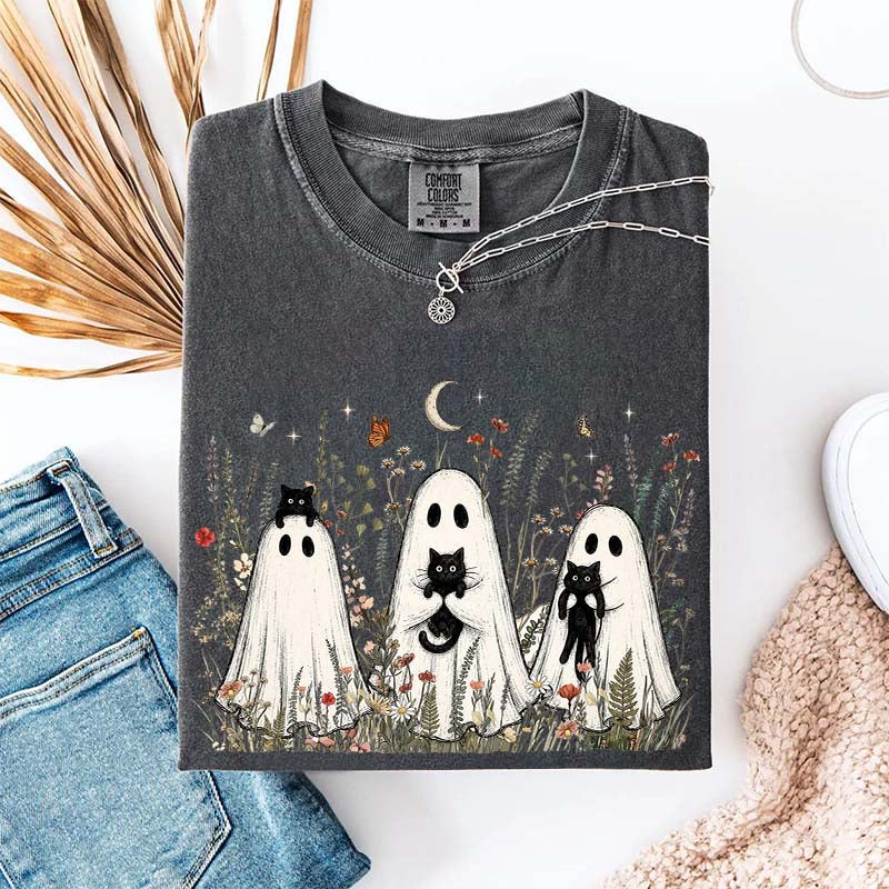 Vintage Whimsical Ghost Black Cat T-Shirt