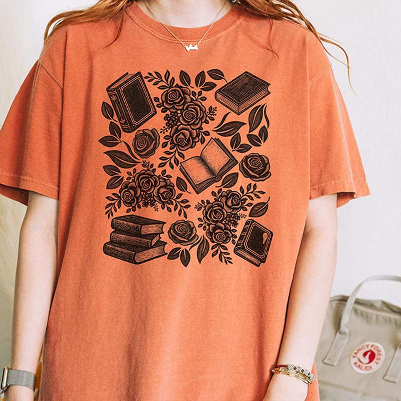 Linocut Books and Flowers T-Shirt