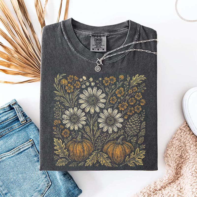 Comfort Colors Pumpkin Sunflower Floral Fall T-Shirt