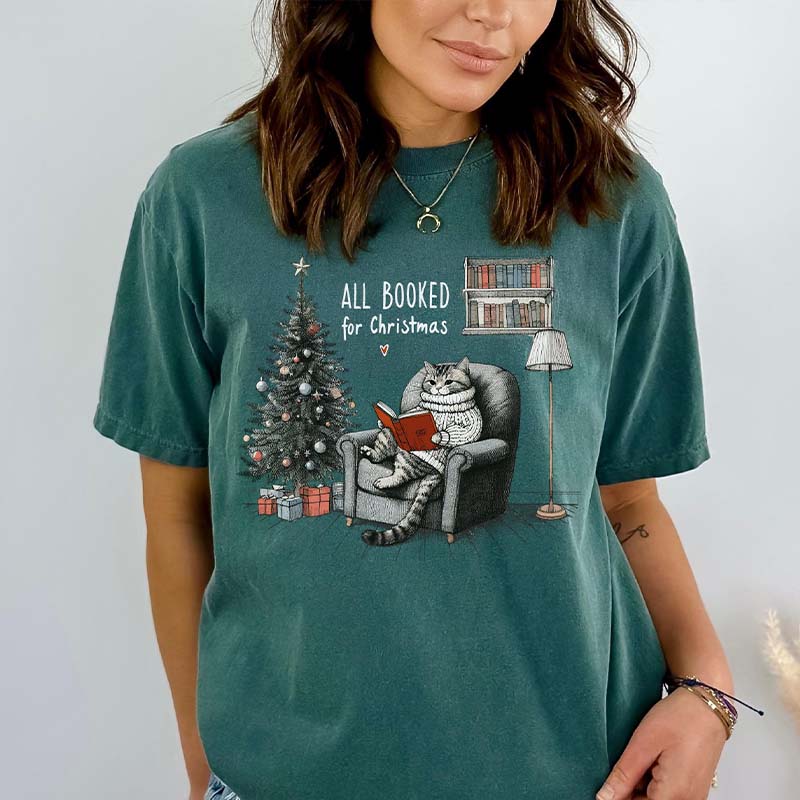 All Booked for Christmas Bookish Cat T-Shirt