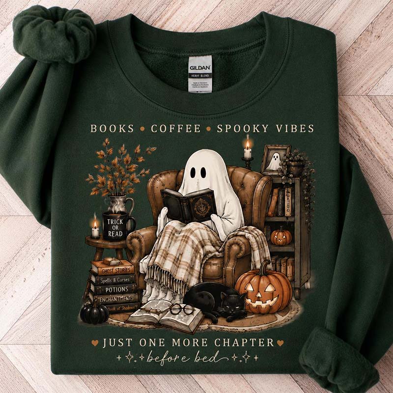 Cozy Ghost Reading Halloween Graphic Sweatshirt