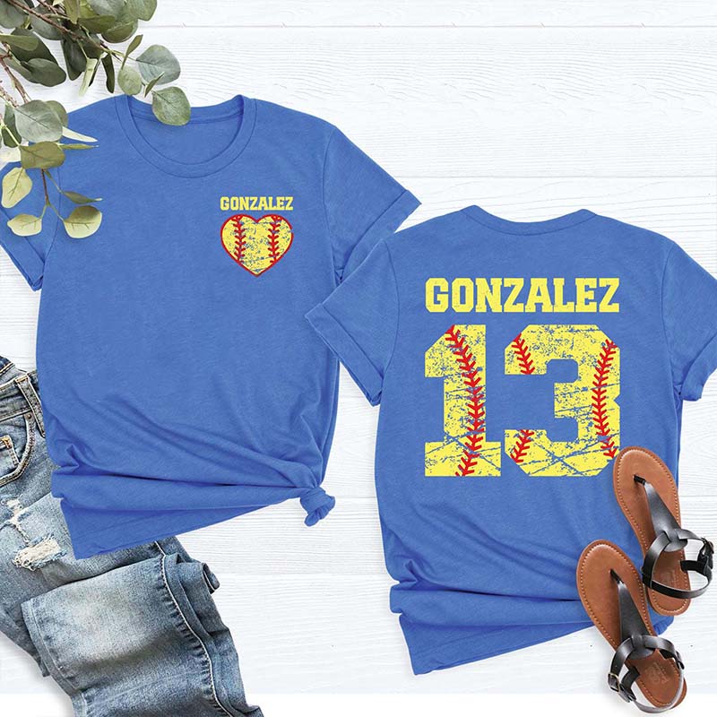 Custom Team Number And Name Softball Heart T-Shirt
