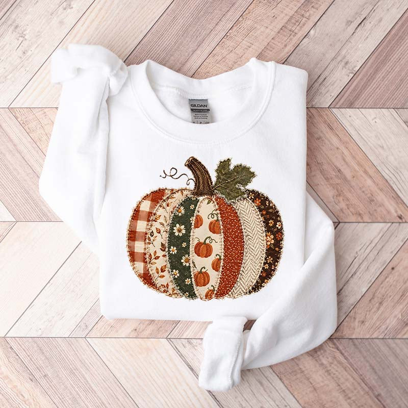 Faux Patchwork Fall Pumpkin Printed Sweatshirt