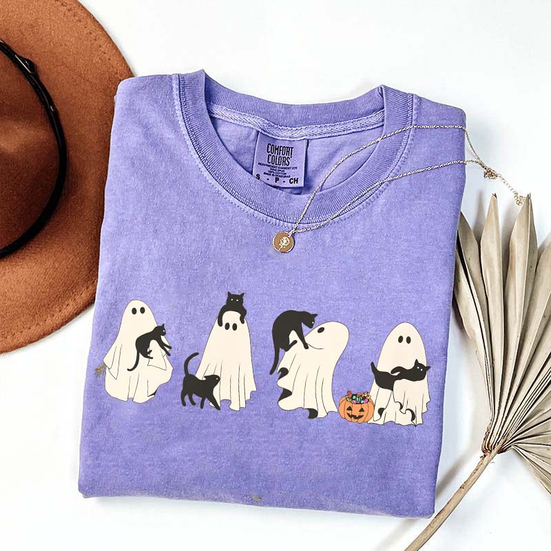 Halloween Black Cat & Ghost Women T-Shirt