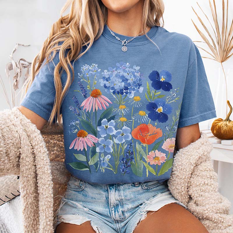 Botanical Flower Blue Cottagecore Floral T-Shirt
