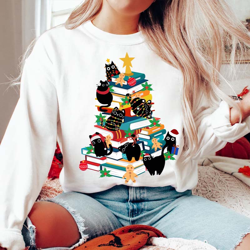 Cute Cats and Books Christmas Tree Sweatshirt