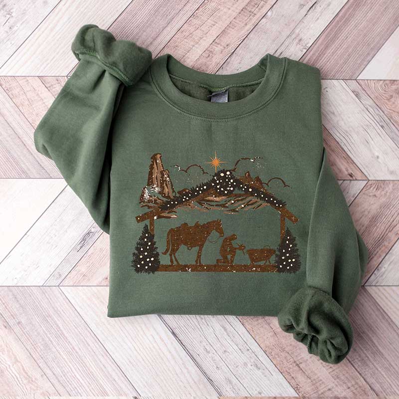 Praying Cowboy Manger Religious Western Christmas Sweatshirt