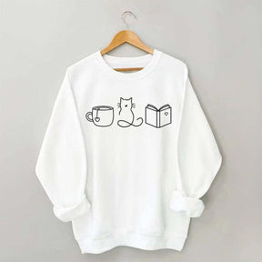 Cute Minimalist Cat Tea Books Sweatshirt