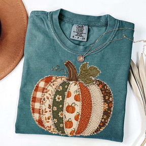 Faux Patchwork Fall Pumpkin Printed T-Shirt