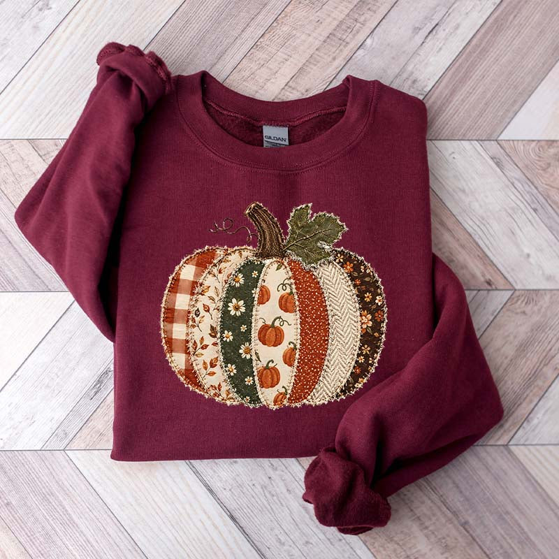 Faux Patchwork Fall Pumpkin Printed Sweatshirt