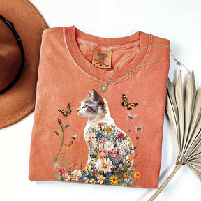 Floral Cat Wildflowers Whimsical T-Shirt