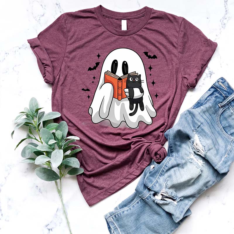 Bookish Ghost Cute Spooky Reading Cat T-Shirt