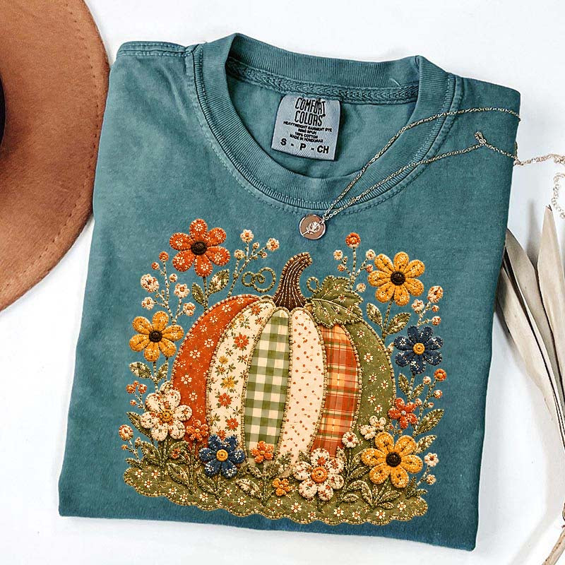 Faux Patchwork Floral Pumpkin T-Shirt