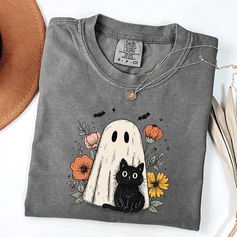 Spooky Season Black Cat And Ghost T-Shirt