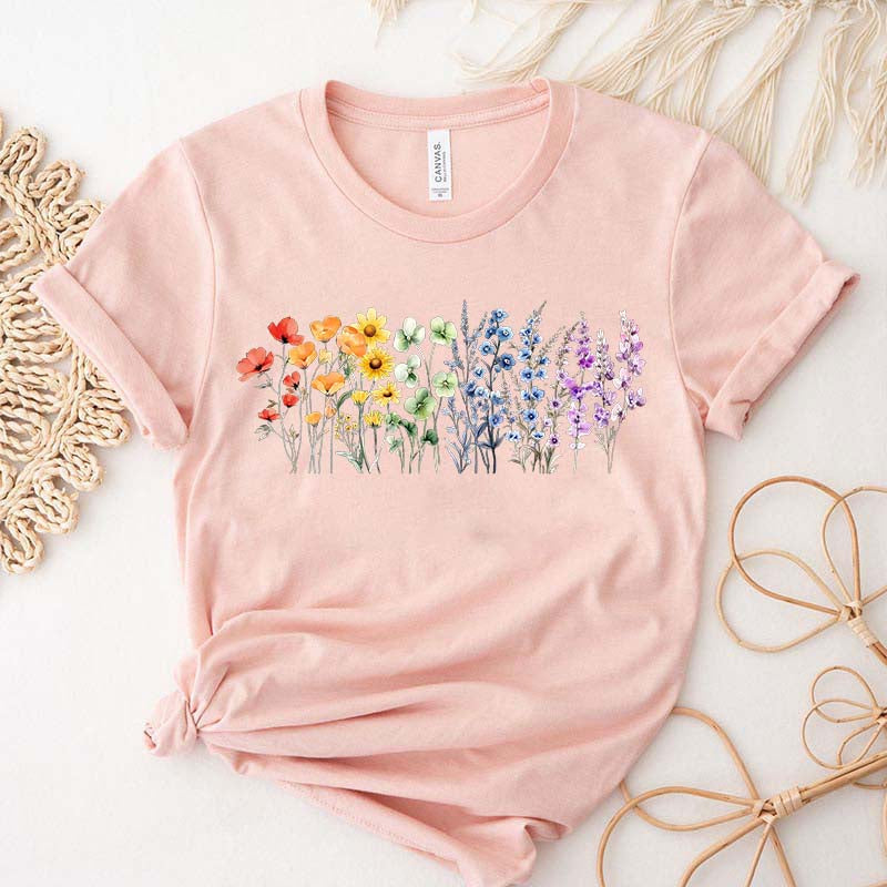 Watercolor Floral Design Rainbow T-Shirt