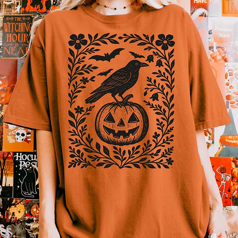 Halloween Crow Pumpkin Floral T-Shirt