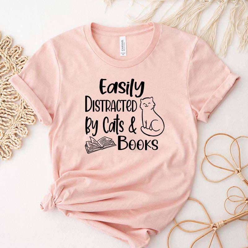 Easily Distracted Cats and Books T-Shirt