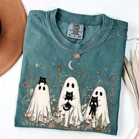 Vintage Whimsical Ghost Black Cat T-Shirt