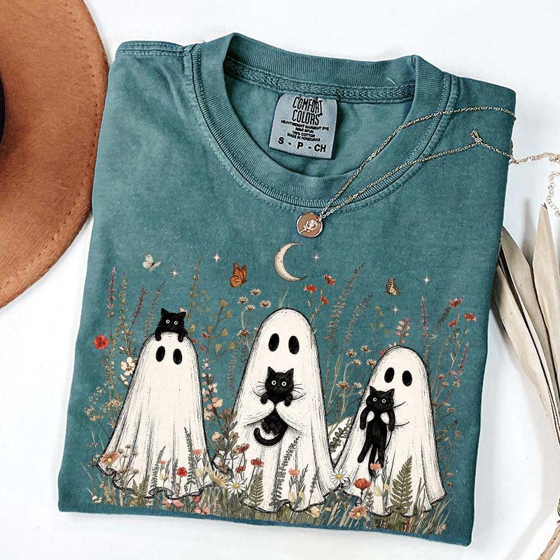 Vintage Whimsical Ghost Black Cat T-Shirt
