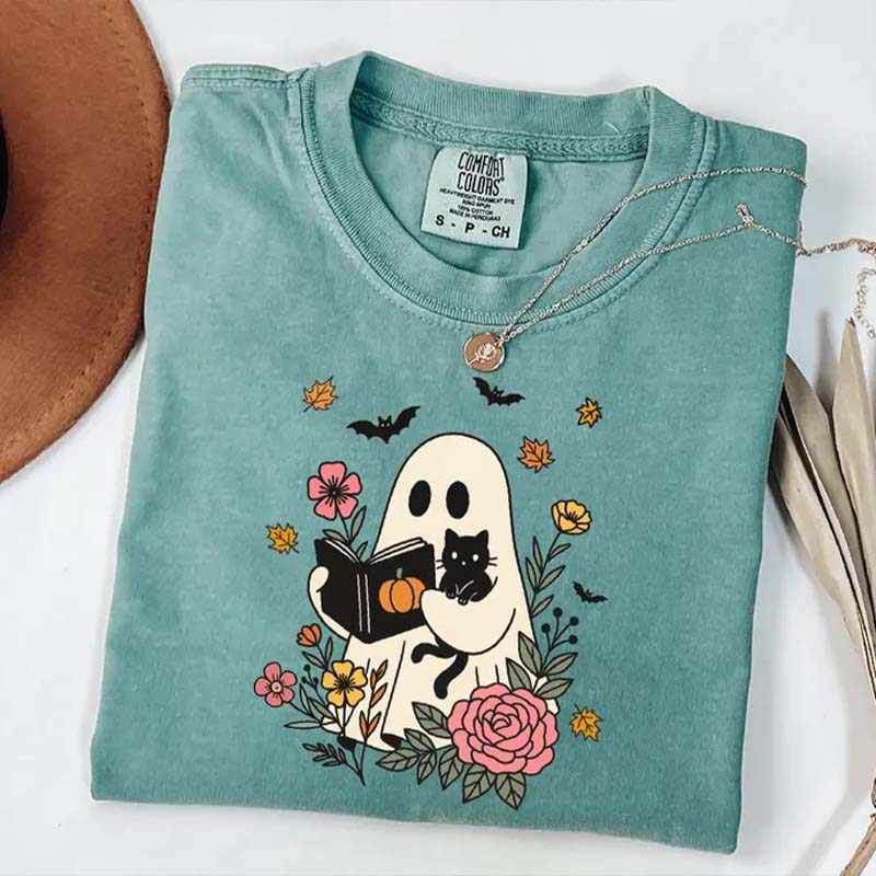 Ghost Reading Book and Black Cat T-Shirt