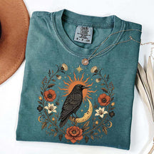 Retro Sun Crow Gothic Raven Celestial Moon Floral T-Shirt