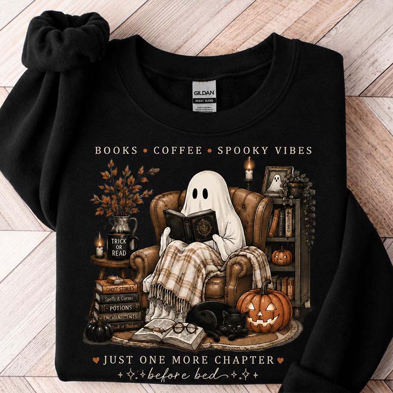 Cozy Ghost Reading Halloween Graphic Sweatshirt