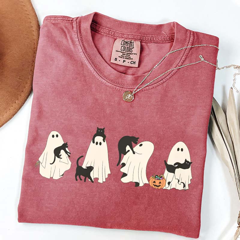 Halloween Black Cat & Ghost Women T-Shirt