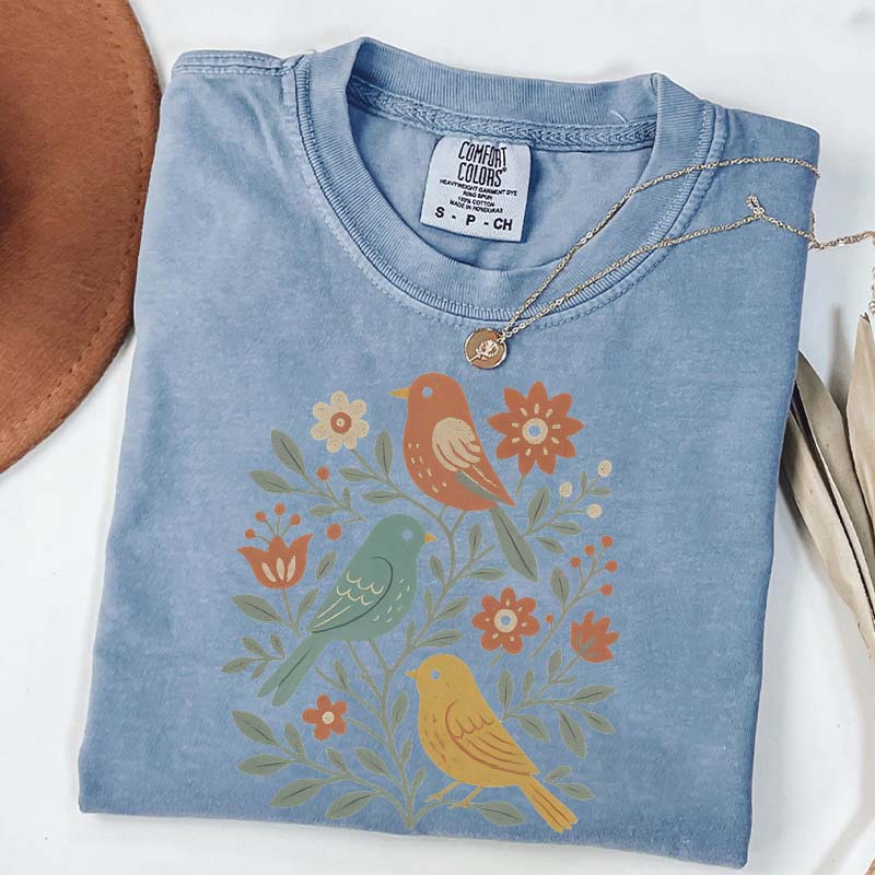 Boho Cottagecore Birds and Flowers T-Shirt