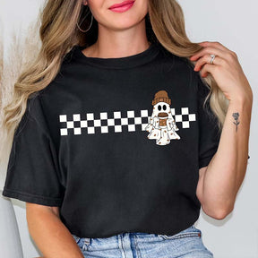 Comfort Colors Cute Ghost Coffee Checkered T-Shirt