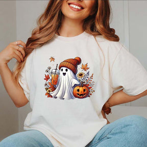 Halloween Ghost Coffee Pumpkin Flower T-Shirt