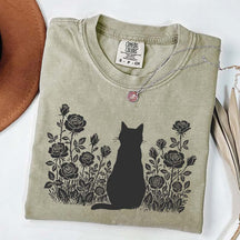 Cottagecore Cat Owner Rose Black T-Shirt