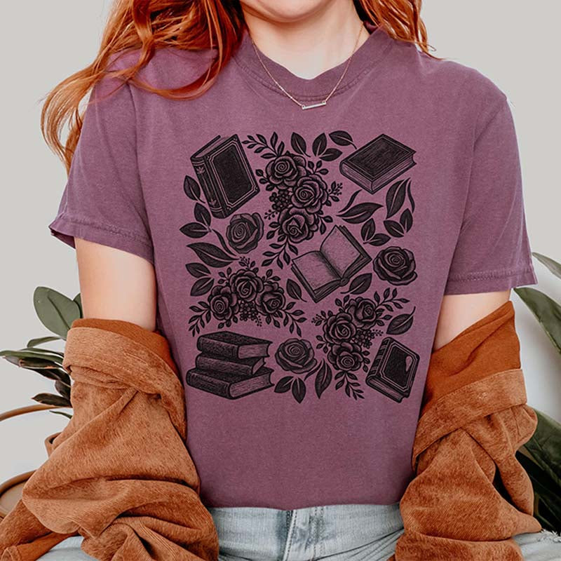 Linocut Books and Flowers T-Shirt