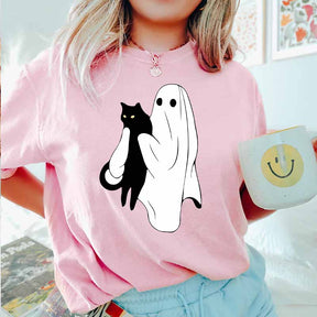 Ghost Holding Black Cat Halloween T-Shirt