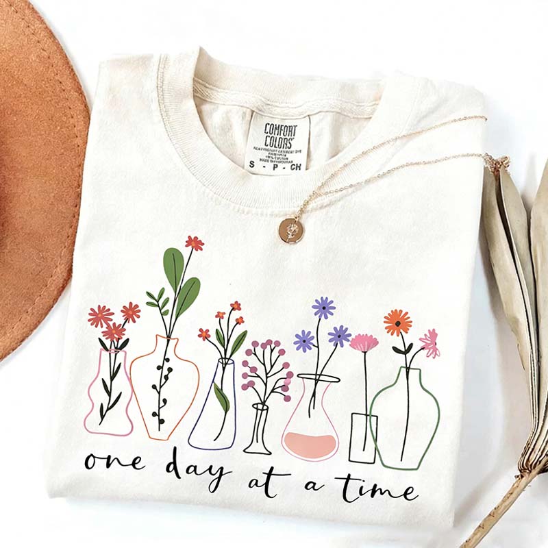 One Day At a Time Motivational  Floral T-Shirt