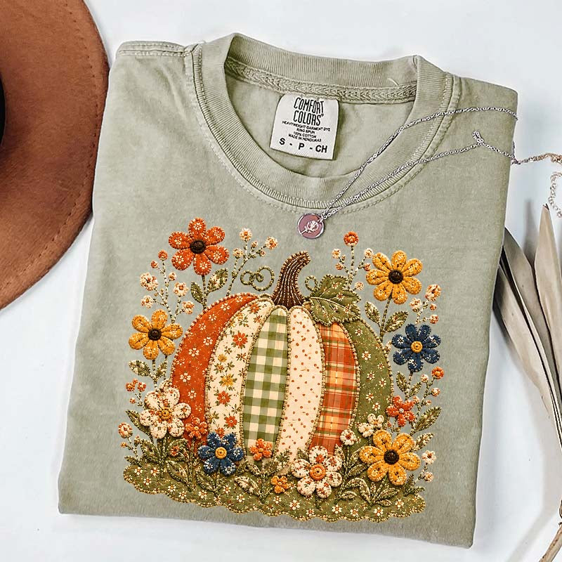 Faux Patchwork Floral Pumpkin T-Shirt
