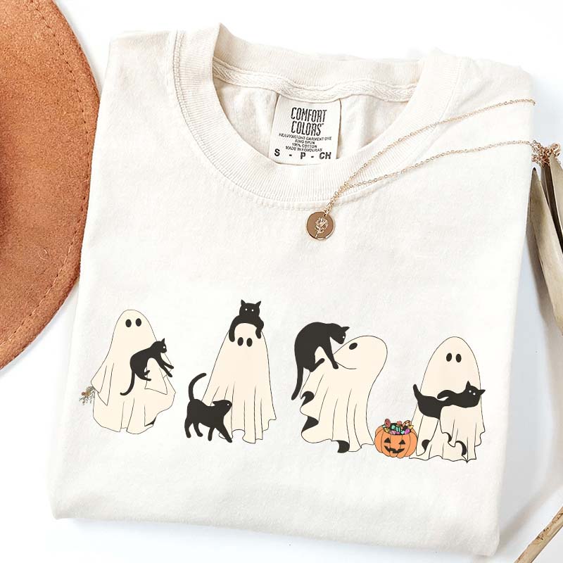 Halloween Black Cat & Ghost Women T-Shirt