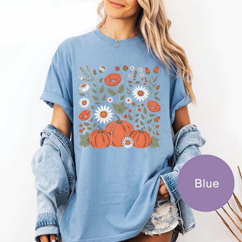 Vintage Pumpkin Floral Retro Autumn Flowers T-Shirt