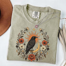 Retro Sun Crow Gothic Raven Celestial Moon Floral T-Shirt