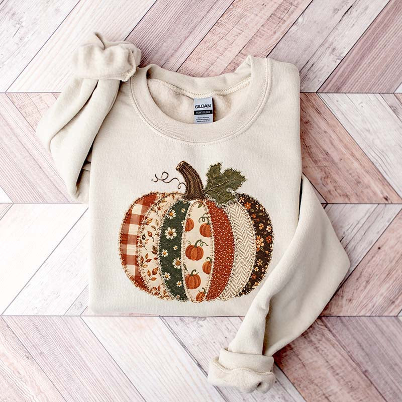 Faux Patchwork Fall Pumpkin Printed Sweatshirt