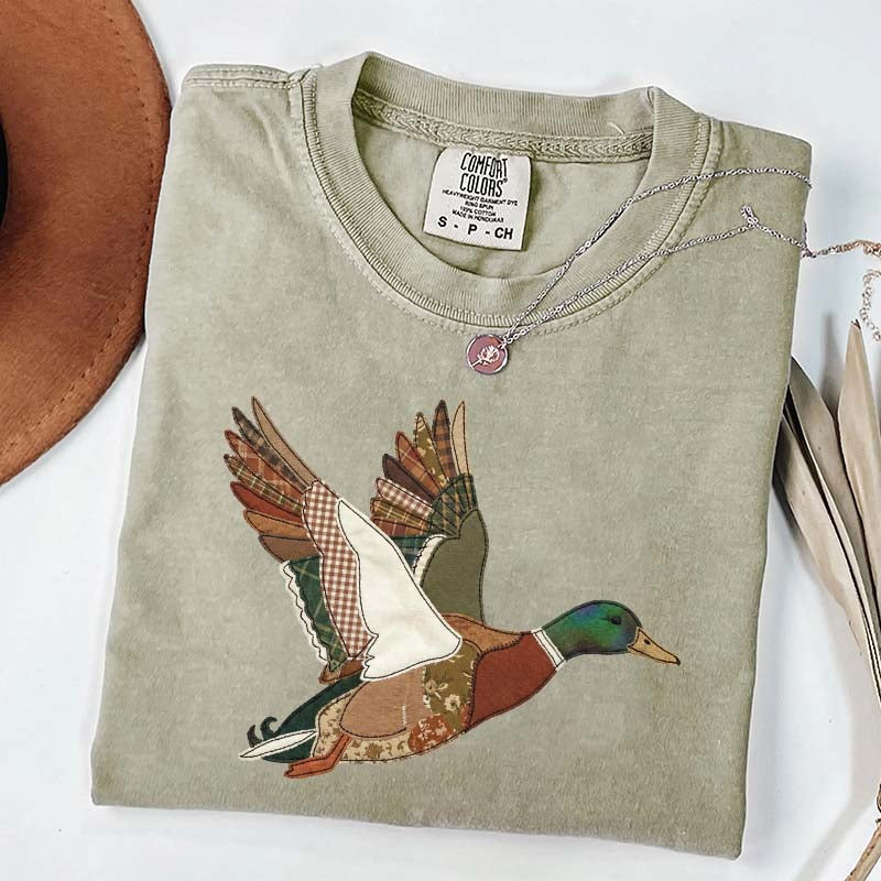 Faux Patchwork Mallard Duck Hunting Printed T-Shirt