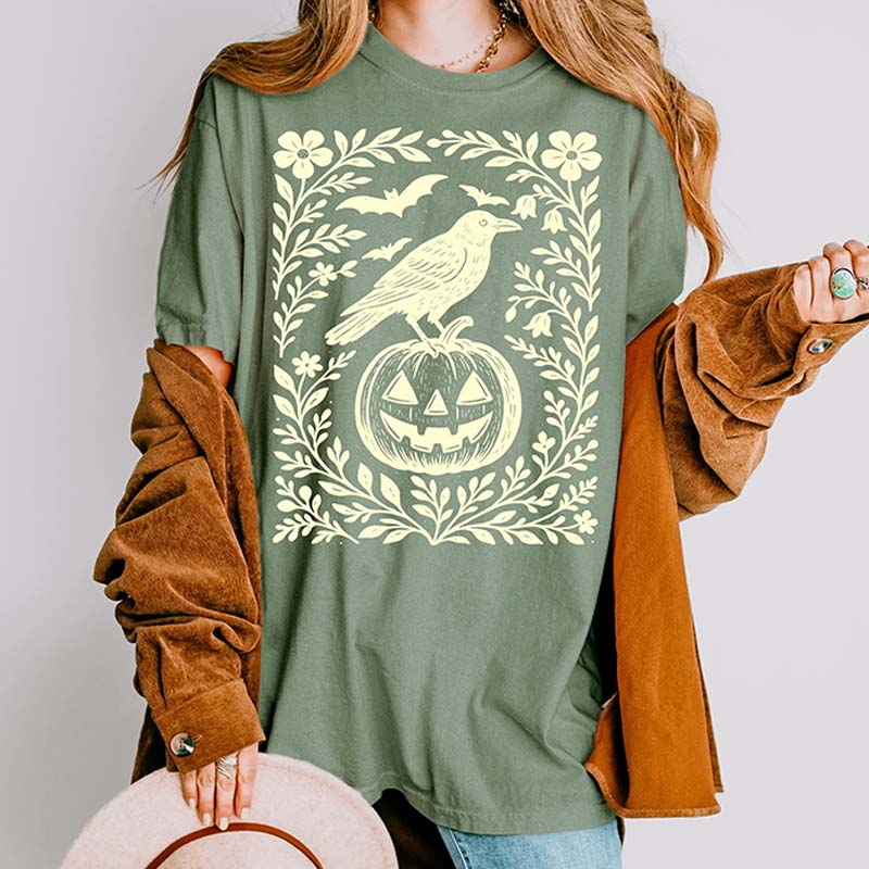 Halloween Crow Pumpkin Floral T-Shirt