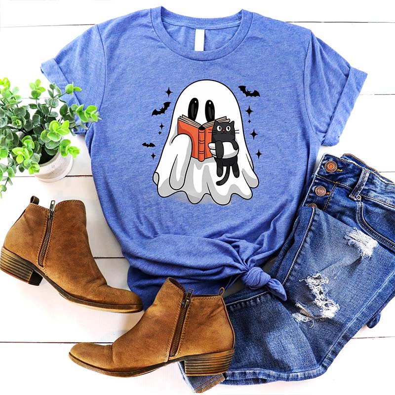 Bookish Ghost Cute Spooky Reading Cat T-Shirt
