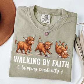 Highland Cow Walking By Faith Tripping Constantly T-Shirt
