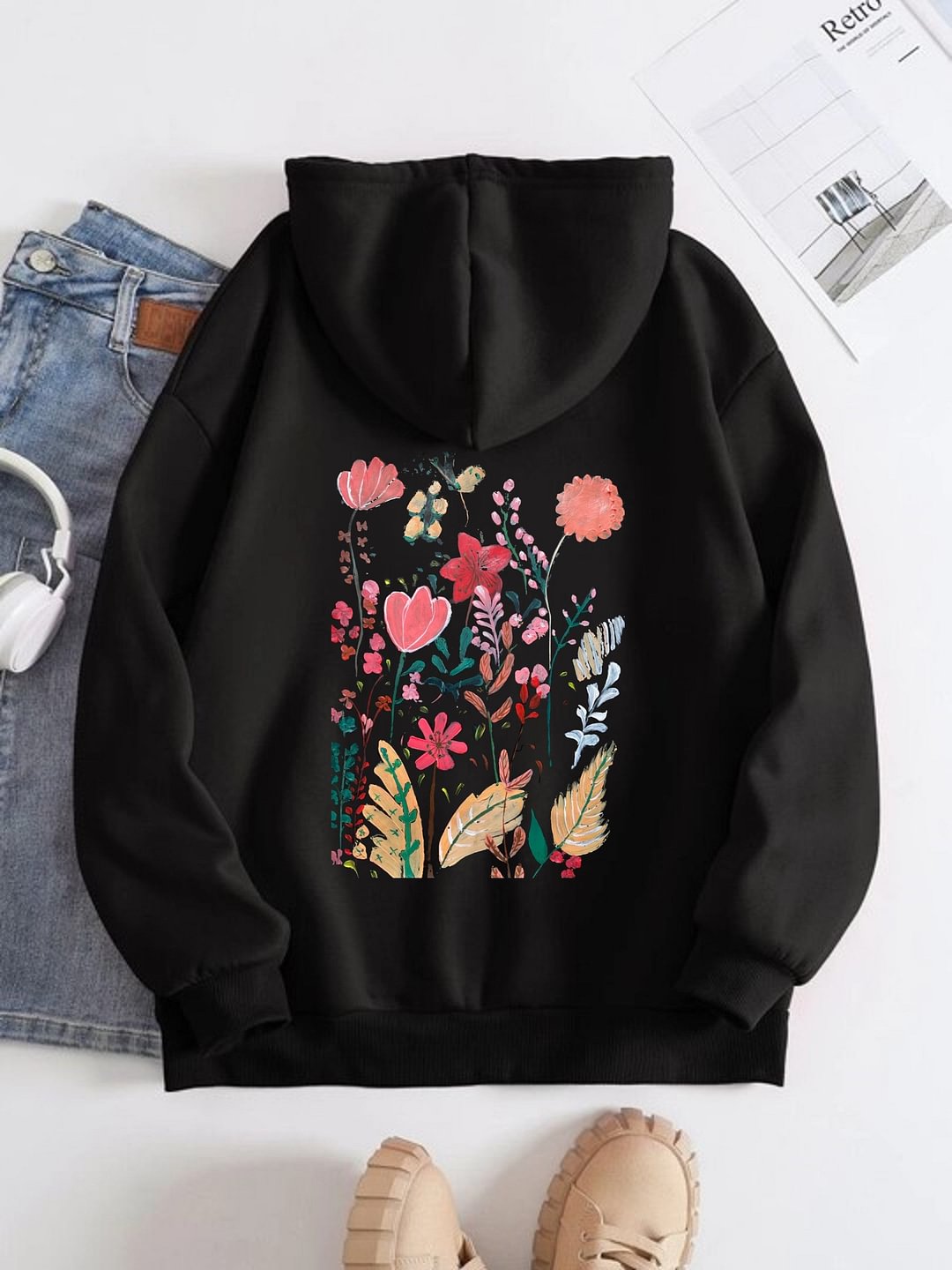 Printed On The Back Hoodie For Women Acrylic Painting Of Flowers Pattern